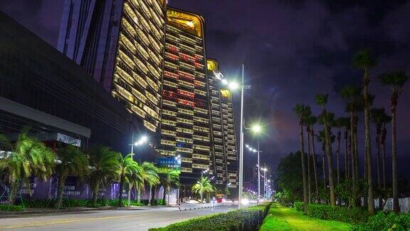 中国夜照明珠海湾酒店综合交通街道全景4k时间