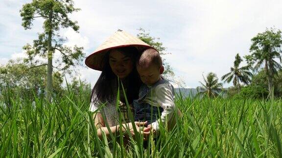 一个成年妇女和一个蹒跚学步的孩子一对母子在稻田里