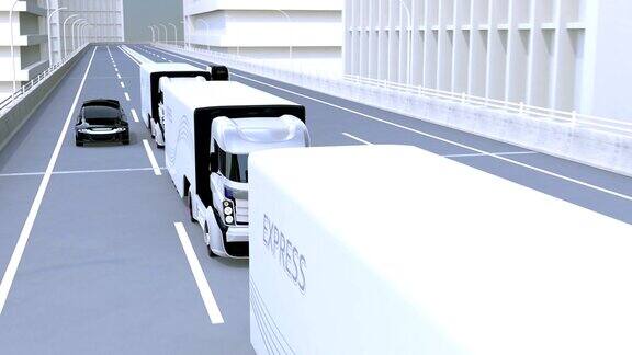 在高速公路上行驶的自动驾驶卡车队