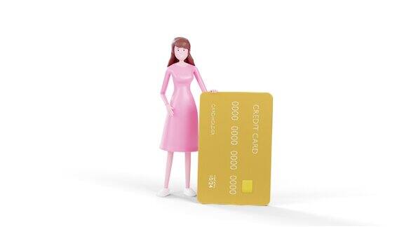 3d渲染女人持有信用卡概念:网上购物付款孤立与白色背景阿尔法通道哑光