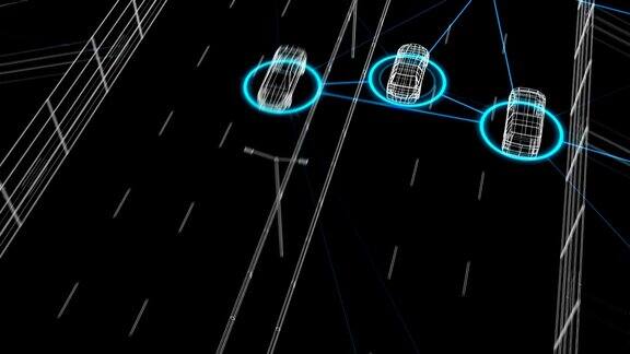 交通公路自动控制系统在数字网络中无缝连接所有汽车未来监控系统人工智能的循环3d动画