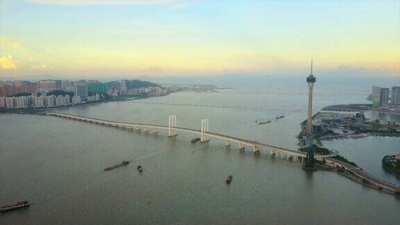 日落时分珠海澳门著名塔桥全景4k中国