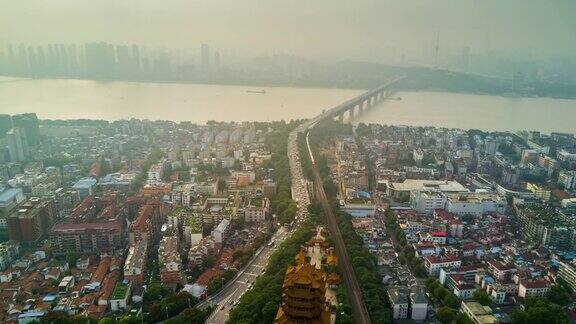 中国日落时间武汉著名的黄鹤交通道路河流大桥航拍全景4k时间流逝