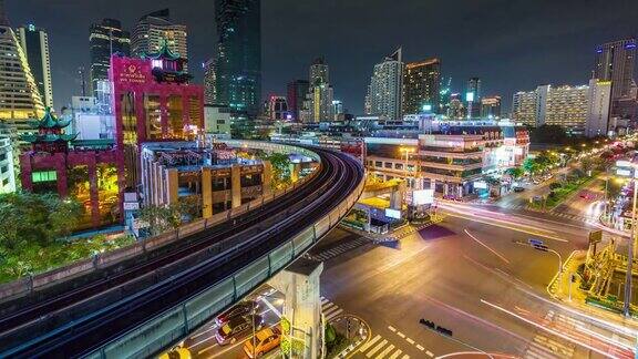 泰国夜间照明曼谷交通十字路口全景4k时间推移