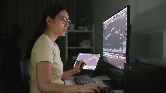 女性在家庭办公室看着电脑屏幕上的股票市场数据同时与电脑工作