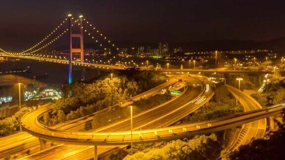 4k时间推移:夜晚香港市景灯光与交通青马大桥