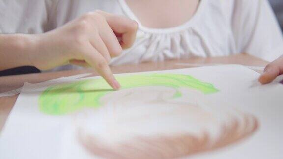 特写亚洲少女使用手指绘图和绘画艺术和工艺在客厅而呆在家里他们用蜡笔或粉笔的颜色在纸上创造艺术项目形成她的想象艺术和手工艺概念的女孩