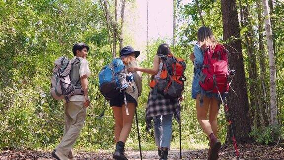 一群亚洲背包客一起在森林里旅行迷人的男女朋友在夏日的假期旅行中快乐地漫步和探索自然森林
