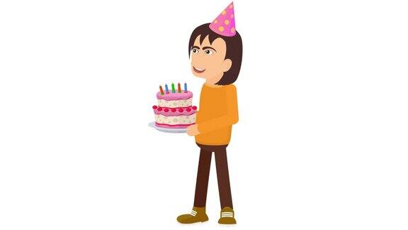 拿着生日蛋糕的女孩生日庆祝活动的动画卡通