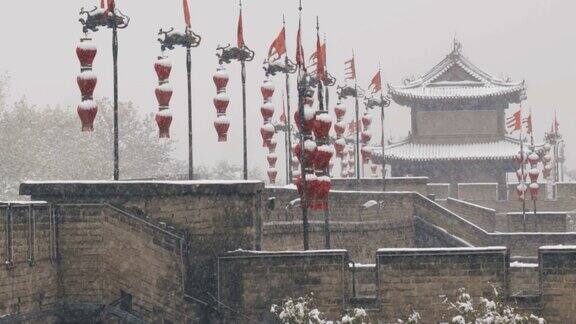 西安古城墙在雪中国