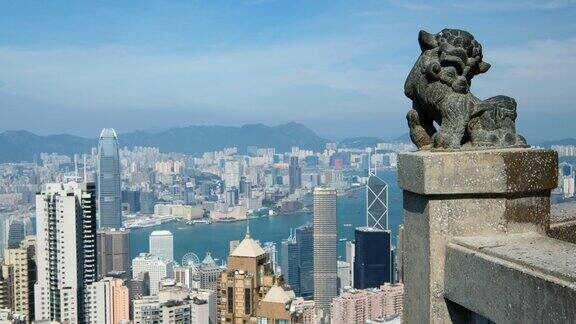 香港著名景点维多利亚山顶的中国狮子雕像