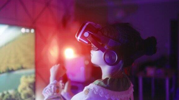 小女孩在家戴着虚拟现实眼镜