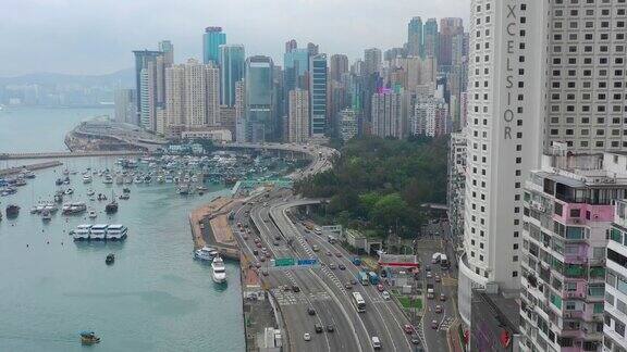 香港市区白天交通街道道湾码头航拍全景图4k