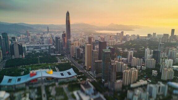 深圳城市景观KK100建筑日落天空市中心市政厅航拍全景4k倾斜移位时间推移中国