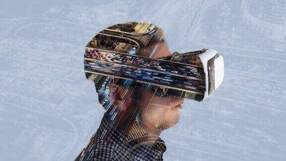 人戴着虚拟现实头盔双重曝光