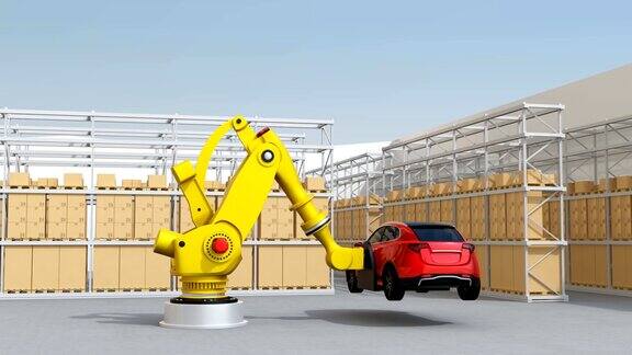 黄色重量级机器人手臂携带红色仓库背景SUV