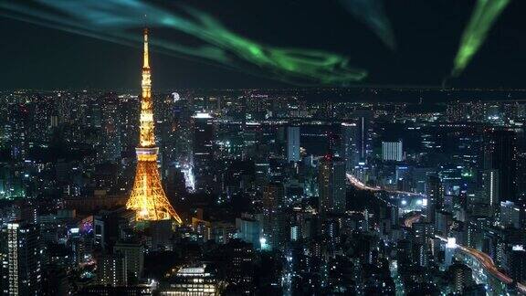 东京塔与极光的延时