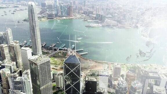 旋转世界网络连接环线香港城市背景鸟瞰图