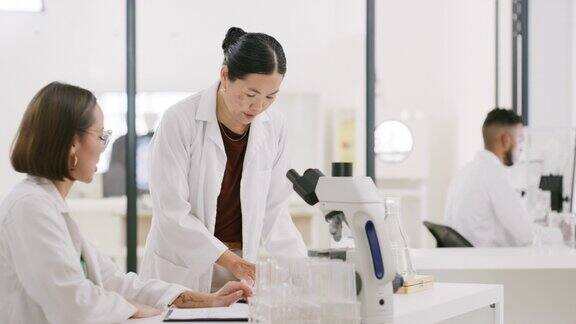 妇女、药片或实验室科学家合作进行疫苗研究、日本医学研究或未来dna数据分析讨论、团队合作或医疗保健科学工作者的显微镜技术