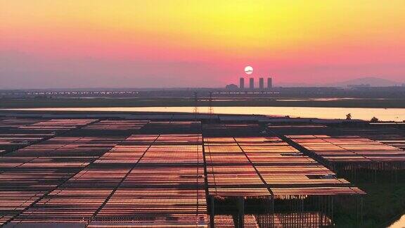 日落时太阳能光伏板的航拍照片