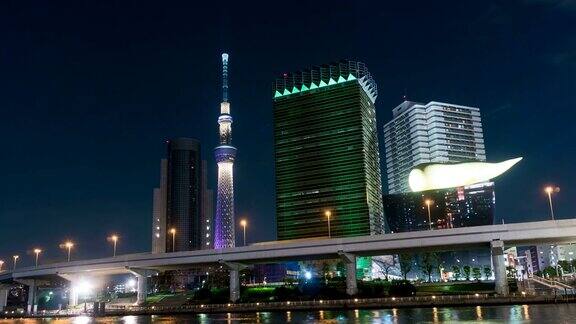 4K延时拍摄:Sumida河与东京市区在晚上