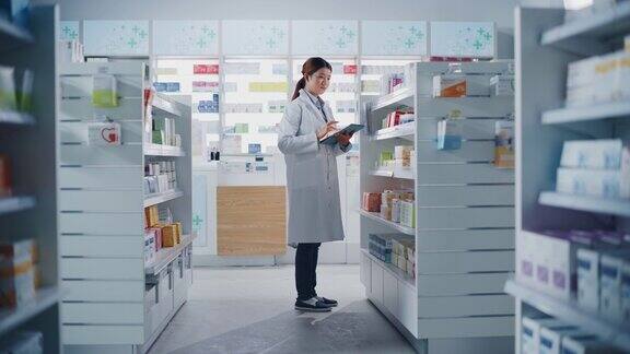 药店:美丽的中国药剂师使用数字平板电脑检查库存的药品药物维生素保健产品的货架上药店专业药剂师