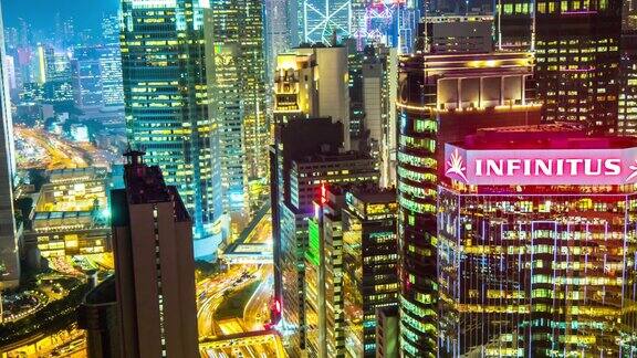 中国香港城市明亮的夜晚交通中心街道屋顶全景4k时间推移