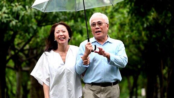 一对老夫妇在雨季在公园散步