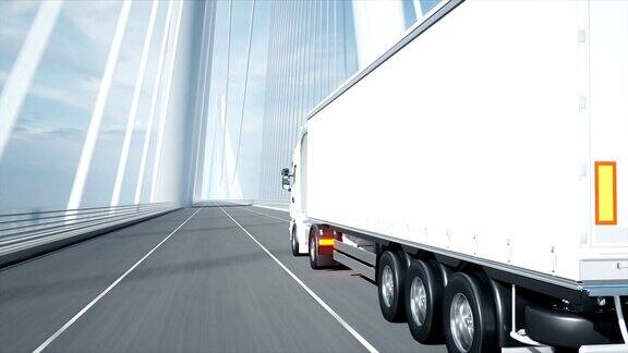 桥上白色卡车的3d模型4k动画