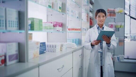 药店:美丽的亚洲女性药剂师的肖像穿着白色的实验室大衣看着相机微笑在她的收银台后面货架上的药品包装保健产品