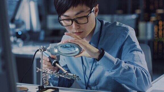 一个专业的日本电子开发工程师在蓝色衬衫焊接电路板在高科技研究实验室与现代计算机设备的特写