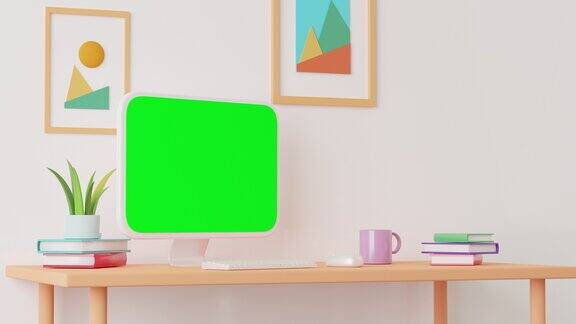三维动画卡通绿屏电脑桌面家庭办公空间4k3d渲染