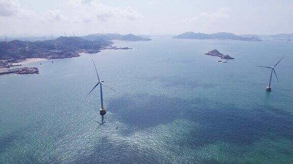 无人机鸟瞰壮丽的海上风力发电厂