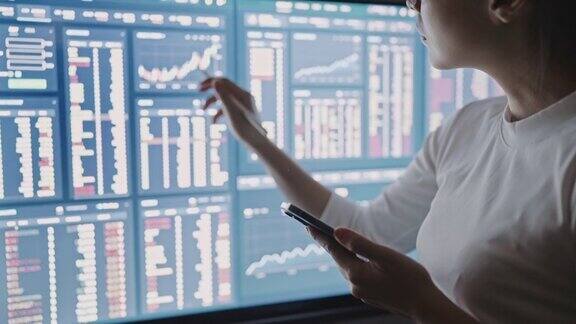 亚洲妇女分析数字金融数字在大型电脑显示器或显示器上