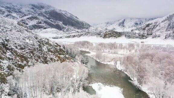 森林里下了一整夜的雪森林变成了梦幻般的雾凇河流仍然穿过它