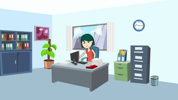 卡通色彩丰富的女性角色动画女孩女电脑打字工作办公室情况