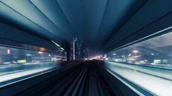 地铁夜间穿梭地铁快速行驶第一视角轨道交通