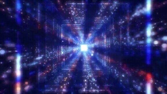 现代粒子抽象正方形隧道飞行通过发光放大正方形创建隧道现代彩色照明(循环)