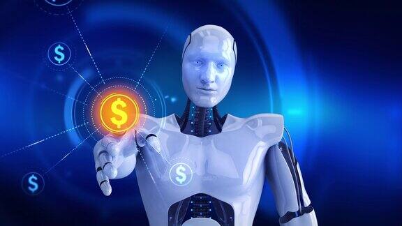 人形机器人在屏幕上触摸然后美元货币符号出现