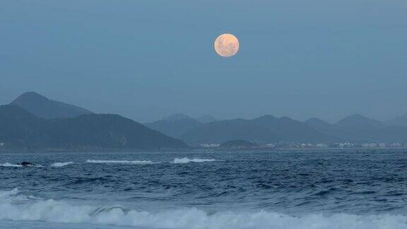 满月升起在浩浩荡荡的海面