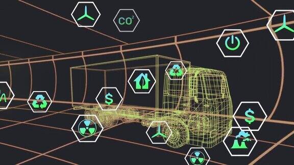 动画图标处理状态数据的三维卡车模型移动在黑色背景