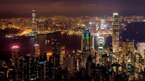 时间推移缩小拍摄的香港城市景观从维多利亚山顶旅游目的地