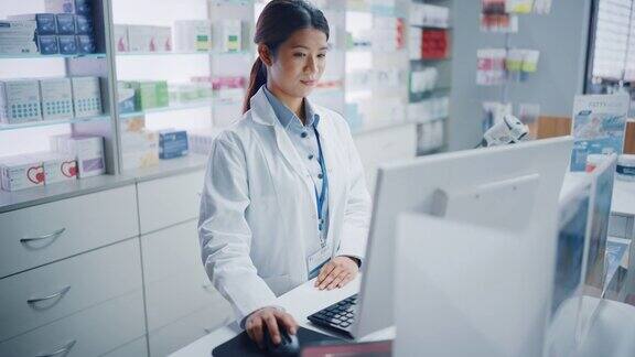 药店:美丽的亚洲药剂师使用结帐柜台电脑做库存检查在线处方药品包装药物维生素盒子补充剂保健产品