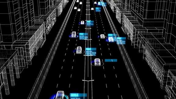 城市街道无缝识别监控抽象系统工作过程演示循环三维动画的控制系统分析汽车和司机在道路上