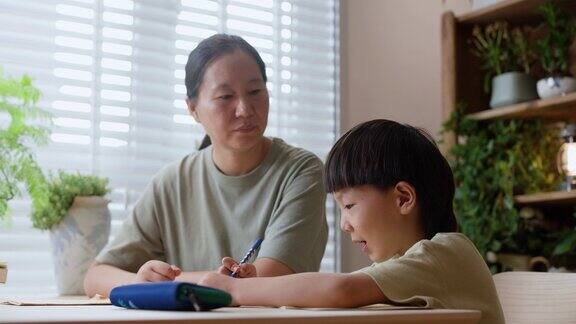 一位亚洲母亲辅导她儿子的家庭作业