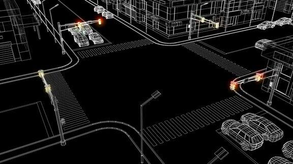美丽的插图现代城市十字路口与交通灯发光和驾驶汽车在道路蓝图网格风格交通法规和规则概念3d动画