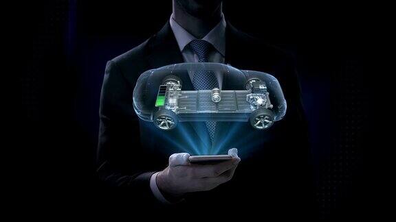 商人滑触智能手机电子汽车离子电池回音车充电汽车电池电池电量检查未来车侧视图4k的电影