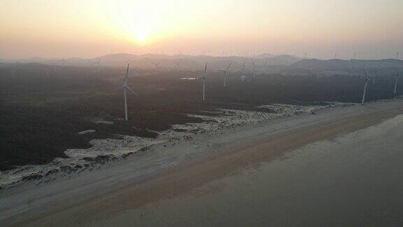 航拍雄伟的风力发电厂和海滩防护林的日落景色