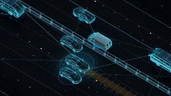 高速公路前方自动驾驶、人工智能、物联网将汽车连接起来蓝色x射线视图4k动画