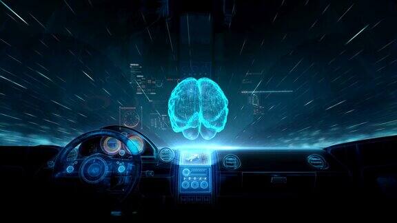未来混合动力汽车内部旋转的数字大脑人工智能